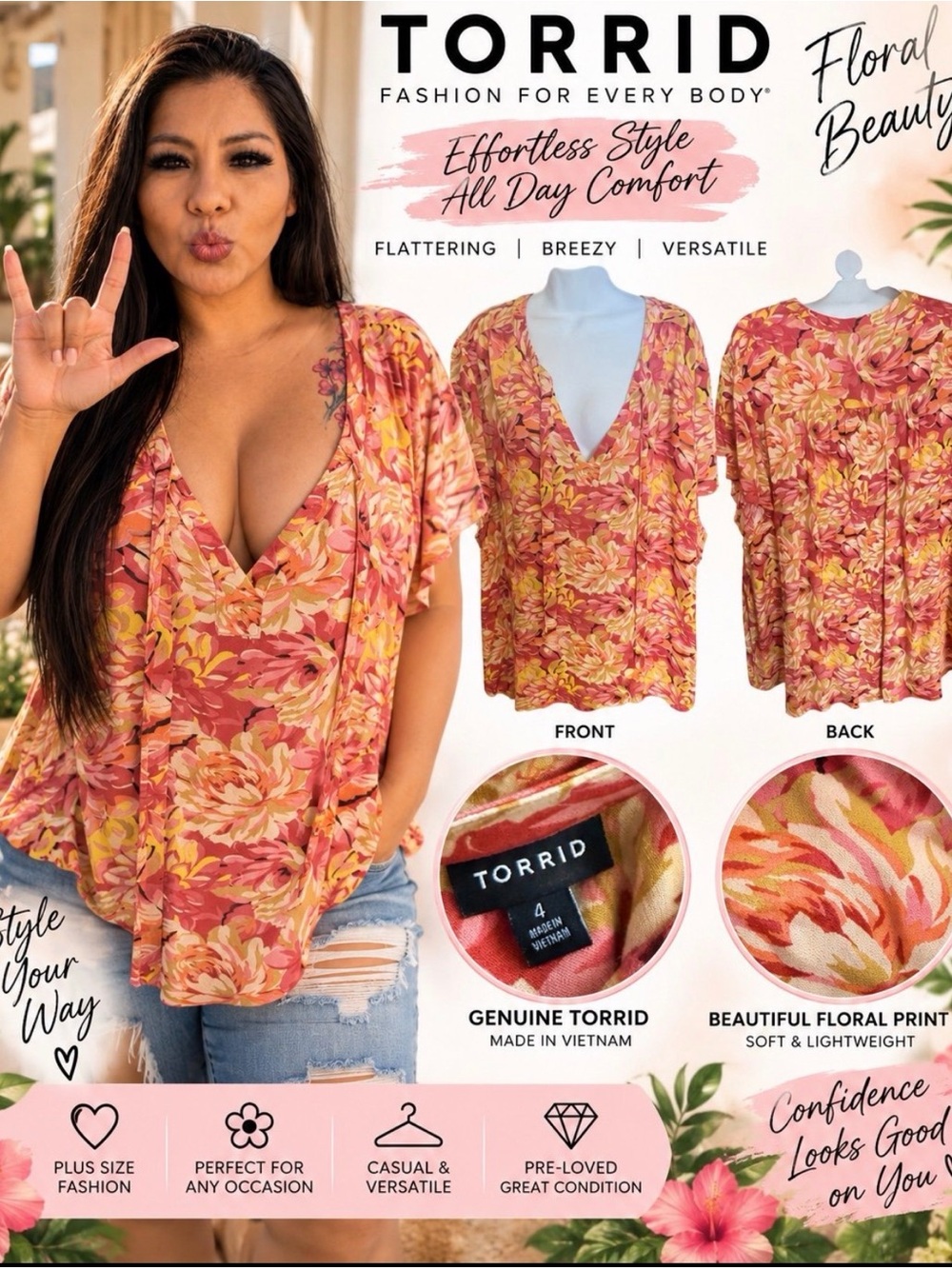 torrid Pink and Yellow Floral V-Neck Flutter Sleeve Blouse SIZE 4/4x